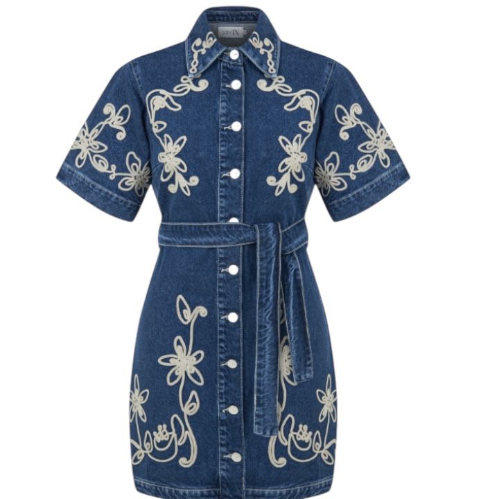 Nakışlı Denim Elbise