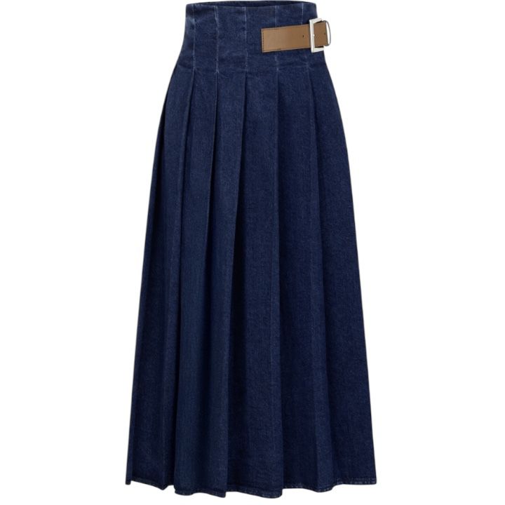 Kemer Detaylı Pileli Denim Etek